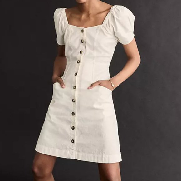 ✨NEW✨  Madewell Linen Cotton Puff-Sleeve Button-Front Retro Shift Dress - Picture 7 of 10